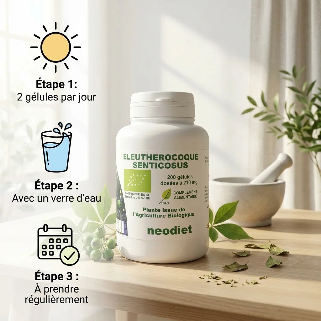Éleutherocoque bio en gélules Neodiet avec dosage : 2 gélules par jour avec eau