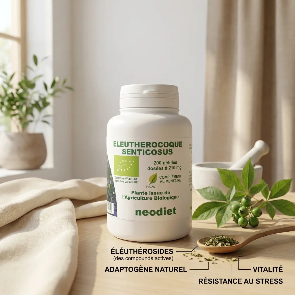 Éleutherocoque bio en gélules Neodiet 200 capsules avec plante et ingrédients naturels