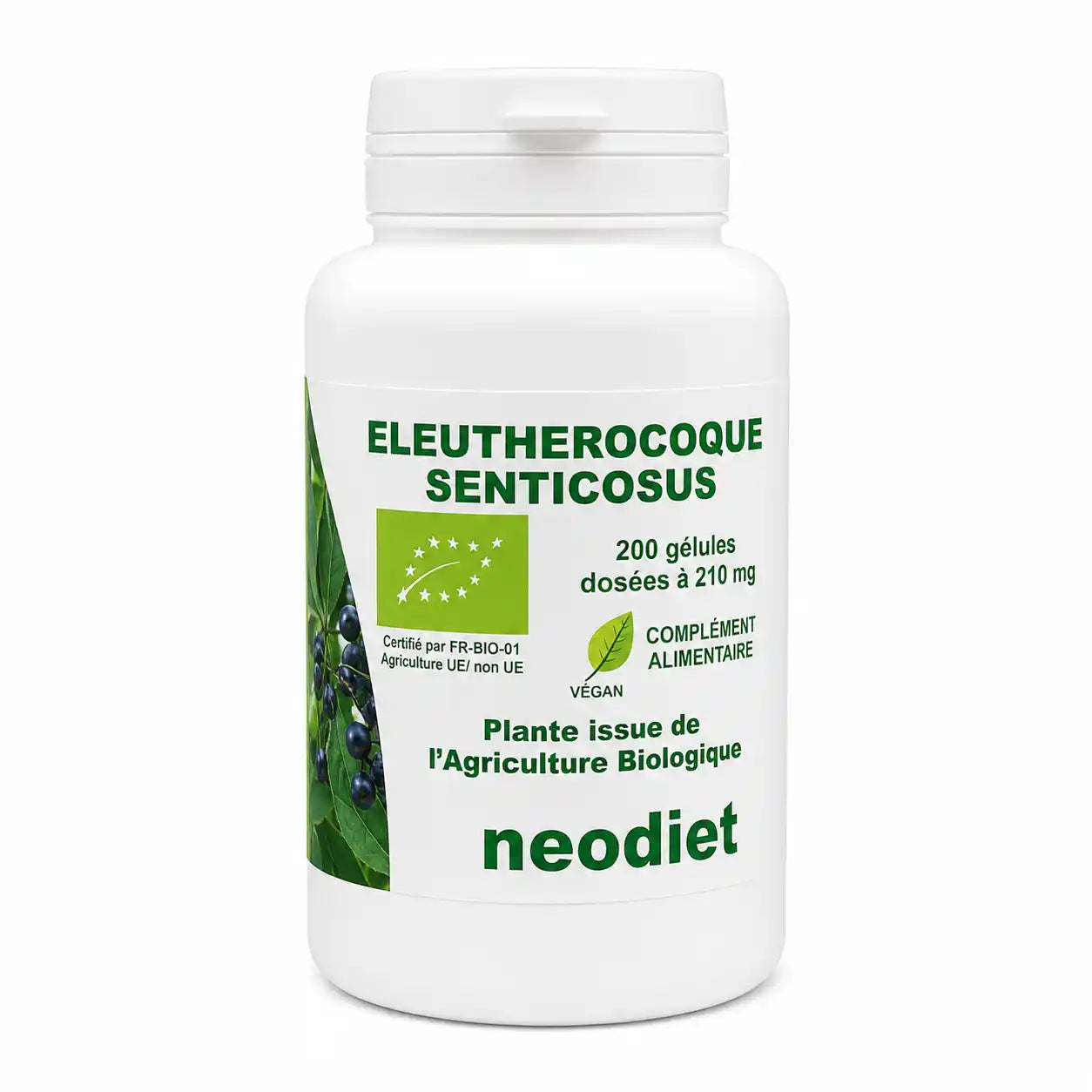 Flacon de gélules Eleutherocoque bio Neodiet sur fond blanc avec label certifié