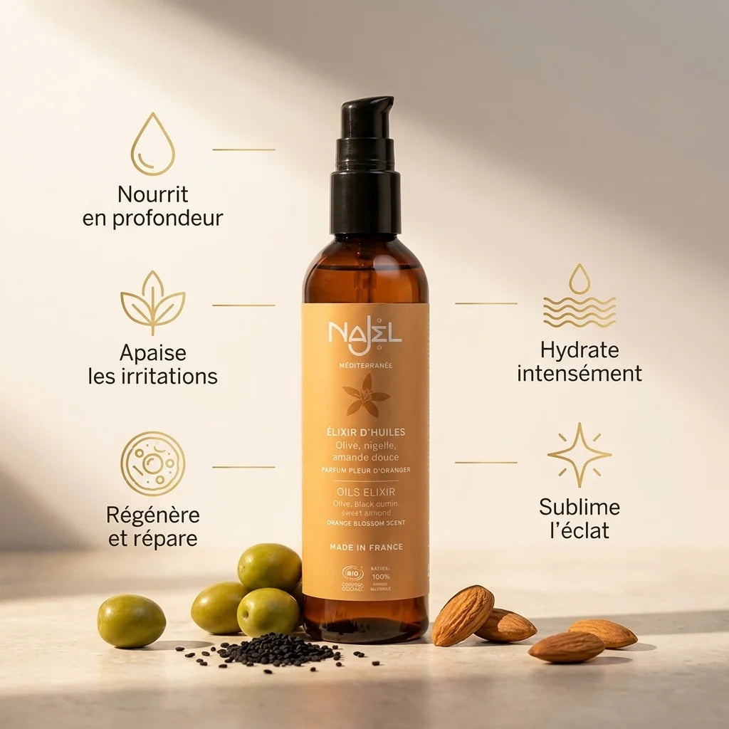 Élixir bio Najel trois huiles avec ses 5 bénéfaits : nutrition, apaisement, régénération, hydratation et éclat