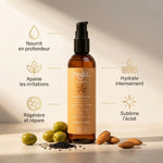 Élixir bio Najel trois huiles avec ses 5 bénéfaits : nutrition, apaisement, régénération, hydratation et éclat