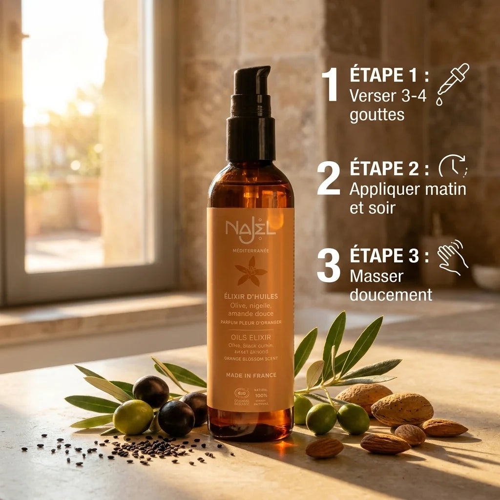 Élixir bio Najel trois huiles avec guide d'utilisation en 3 étapes et ingrédients naturels