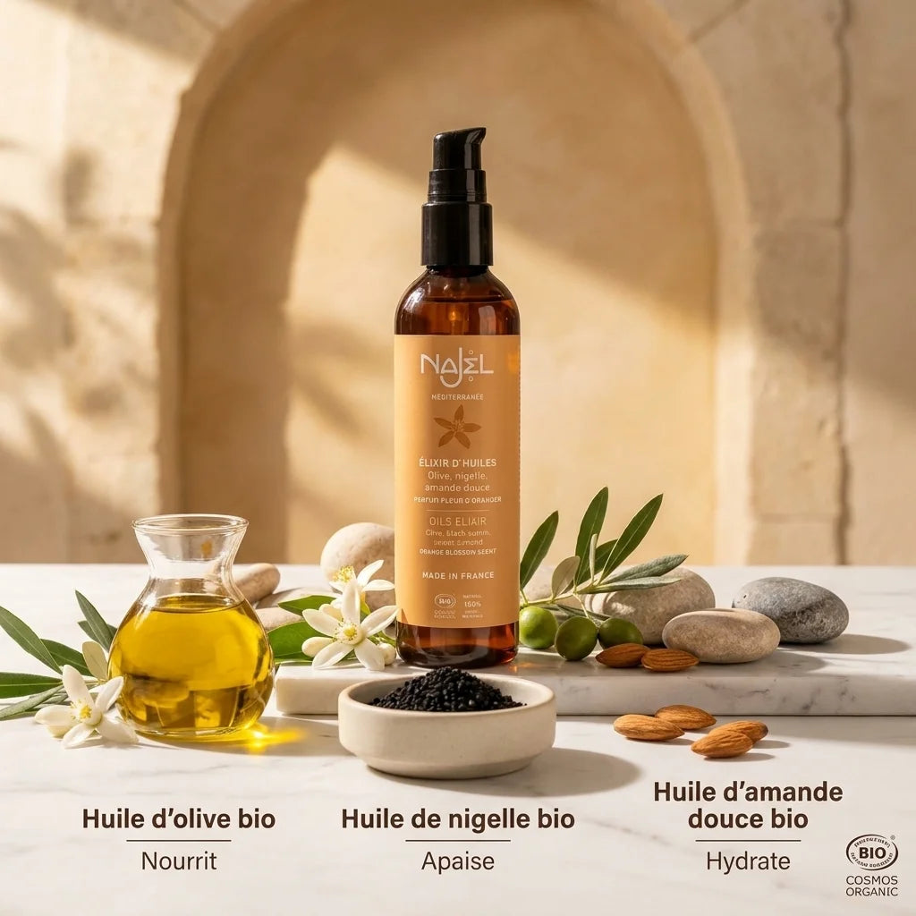 Élixir aux trois huiles Najel bio avec olive, nigelle et amande douce