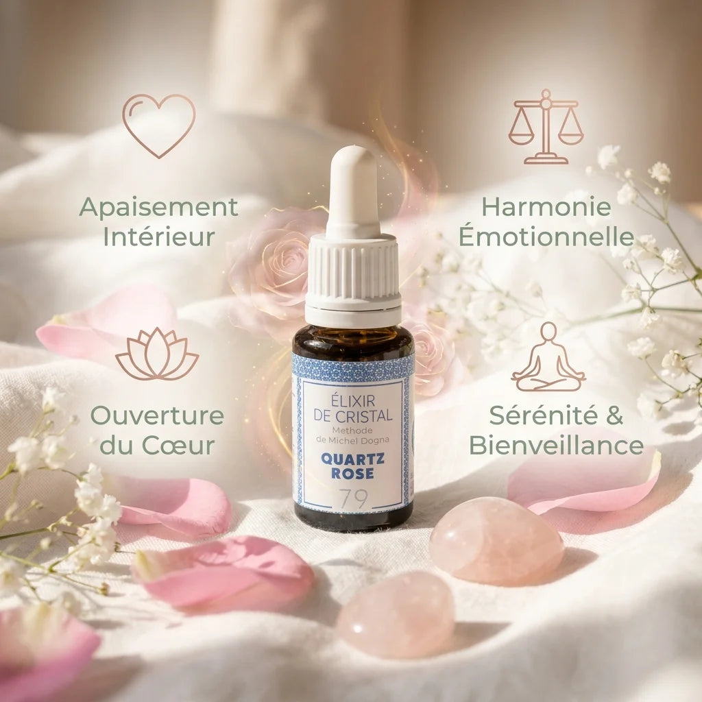 Elixir Quartz Rose avec cristaux, bénéfices bien-être et fleurs roses sur fond crème