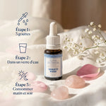 Elixir Quartz rose Source Claire - bouteille avec mode d'emploi 3 étapes et cristaux
