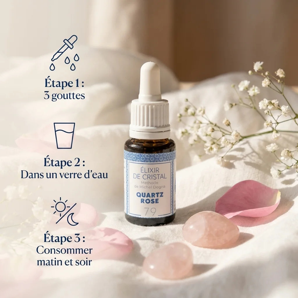 Elixir Quartz rose Source Claire - bouteille avec mode d'emploi 3 étapes et cristaux