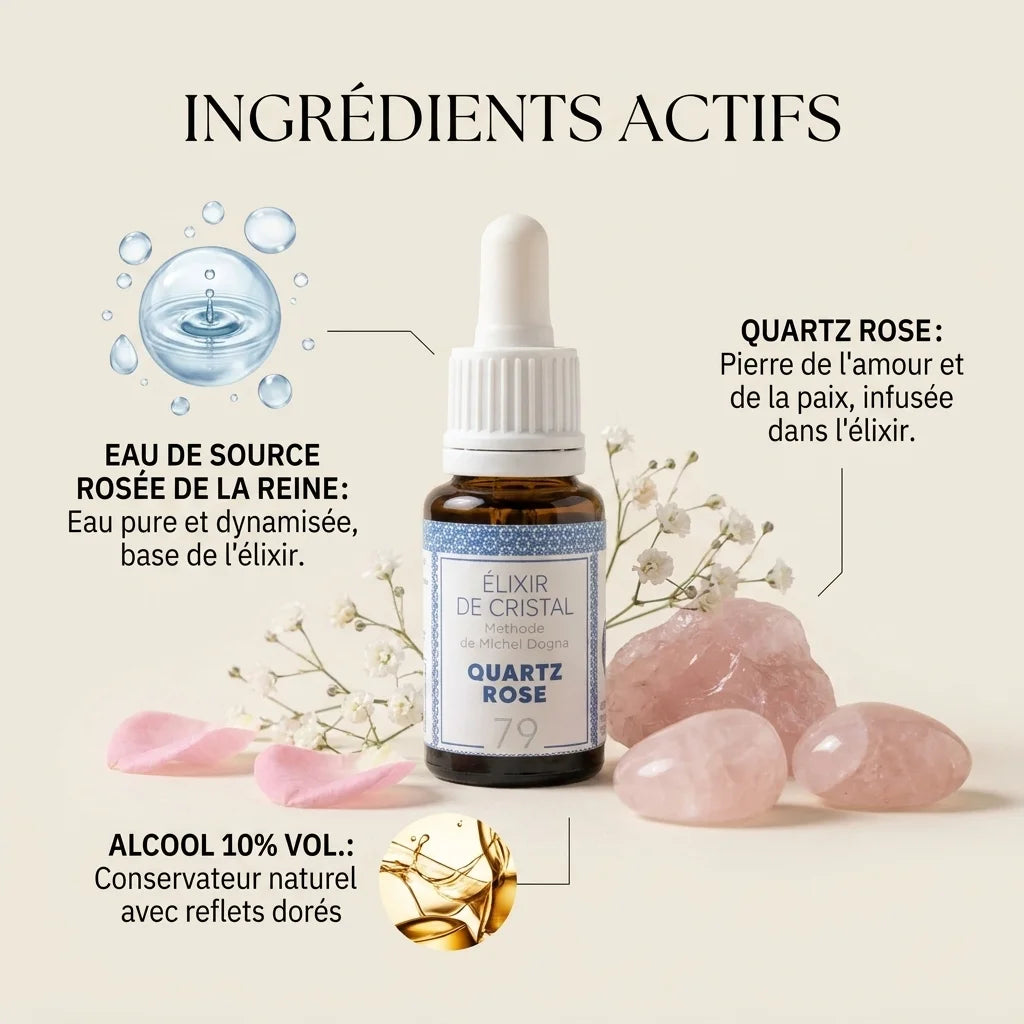 Élixir de Cristal Quartz Rose avec ingrédients actifs et composition détaillée