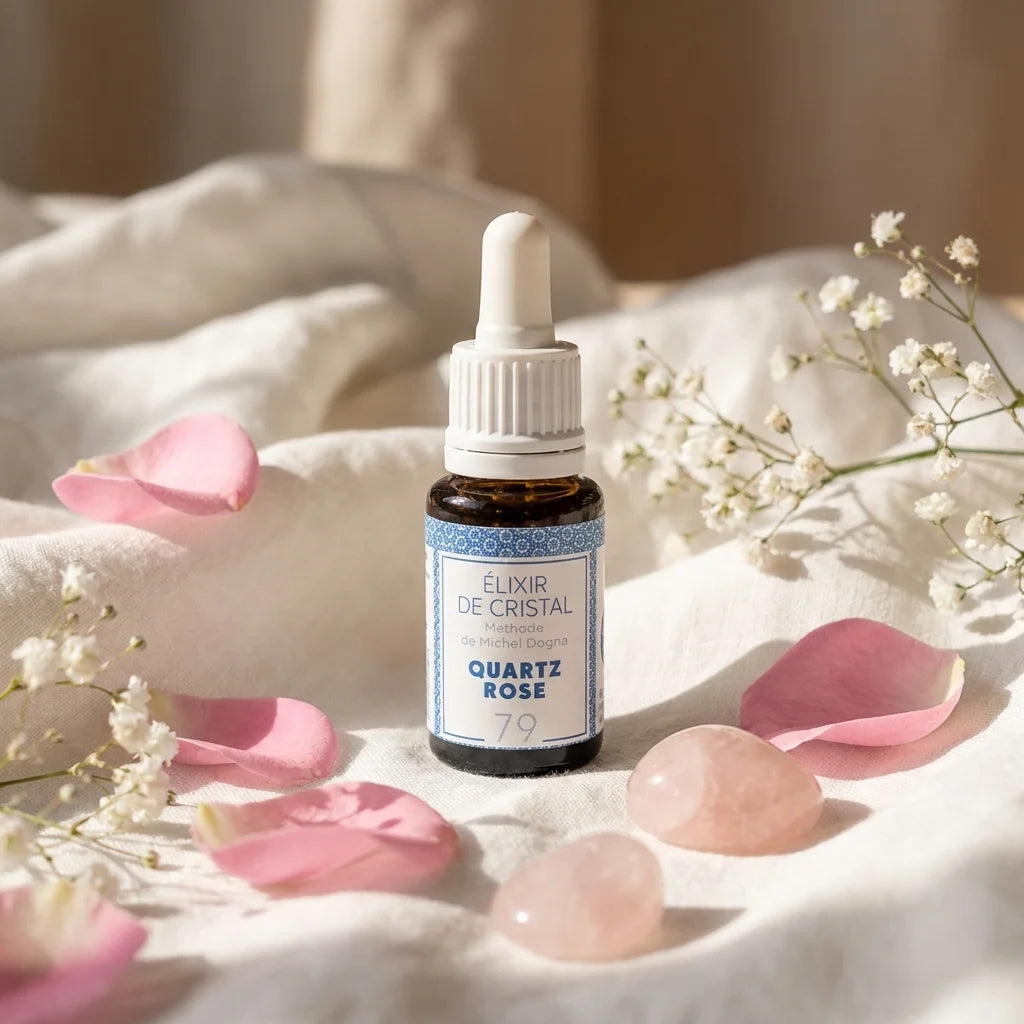 Élixir de cristal Quartz rose Source Claire en flacon avec pipette sur linge blanc et pétales de rose