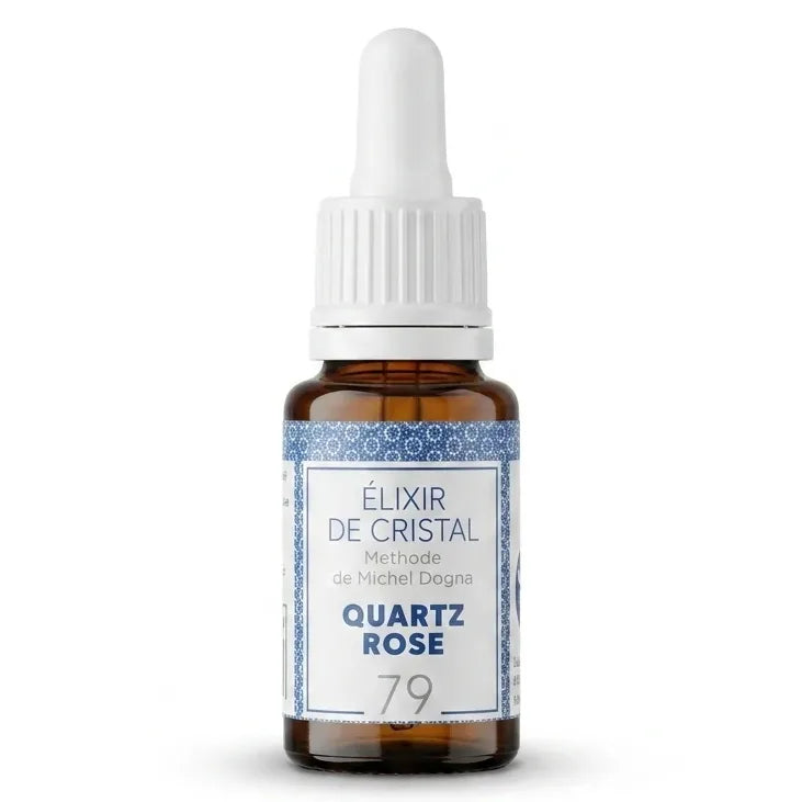 Élixir de cristal Quartz rose Source Claire en flacon compte-gouttes avec étiquette bleue