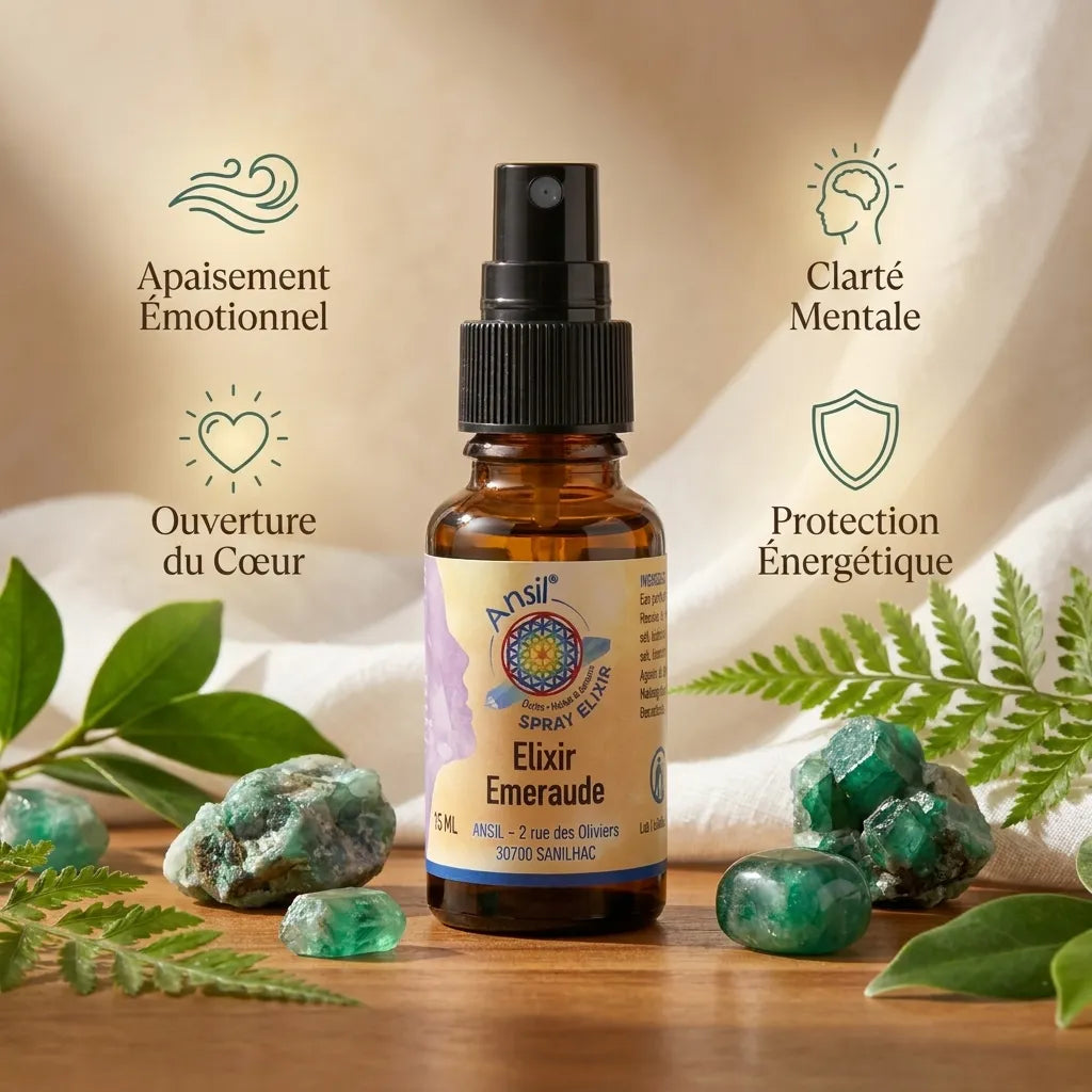 Elixir d'Emeraude en spray avec cristaux d'émeraude et bénéfices : apaisement, ouverture du cœur, clarté mentale