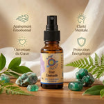 Elixir d'Emeraude en spray avec cristaux d'émeraude et bénéfices : apaisement, ouverture du cœur, clarté mentale