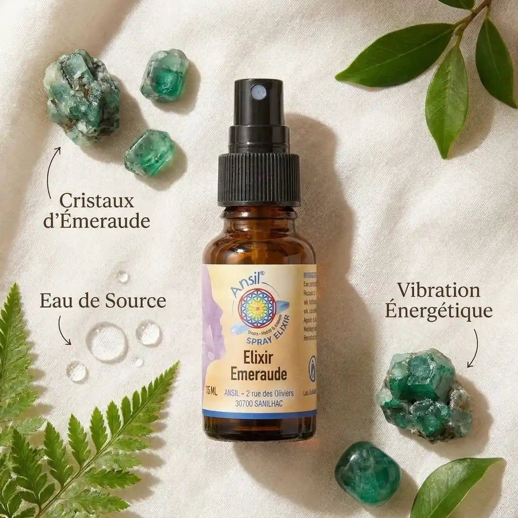 Elixir d'Emeraude spray 15mL avec cristaux d'émeraude, eau de source et ingrédients botaniques