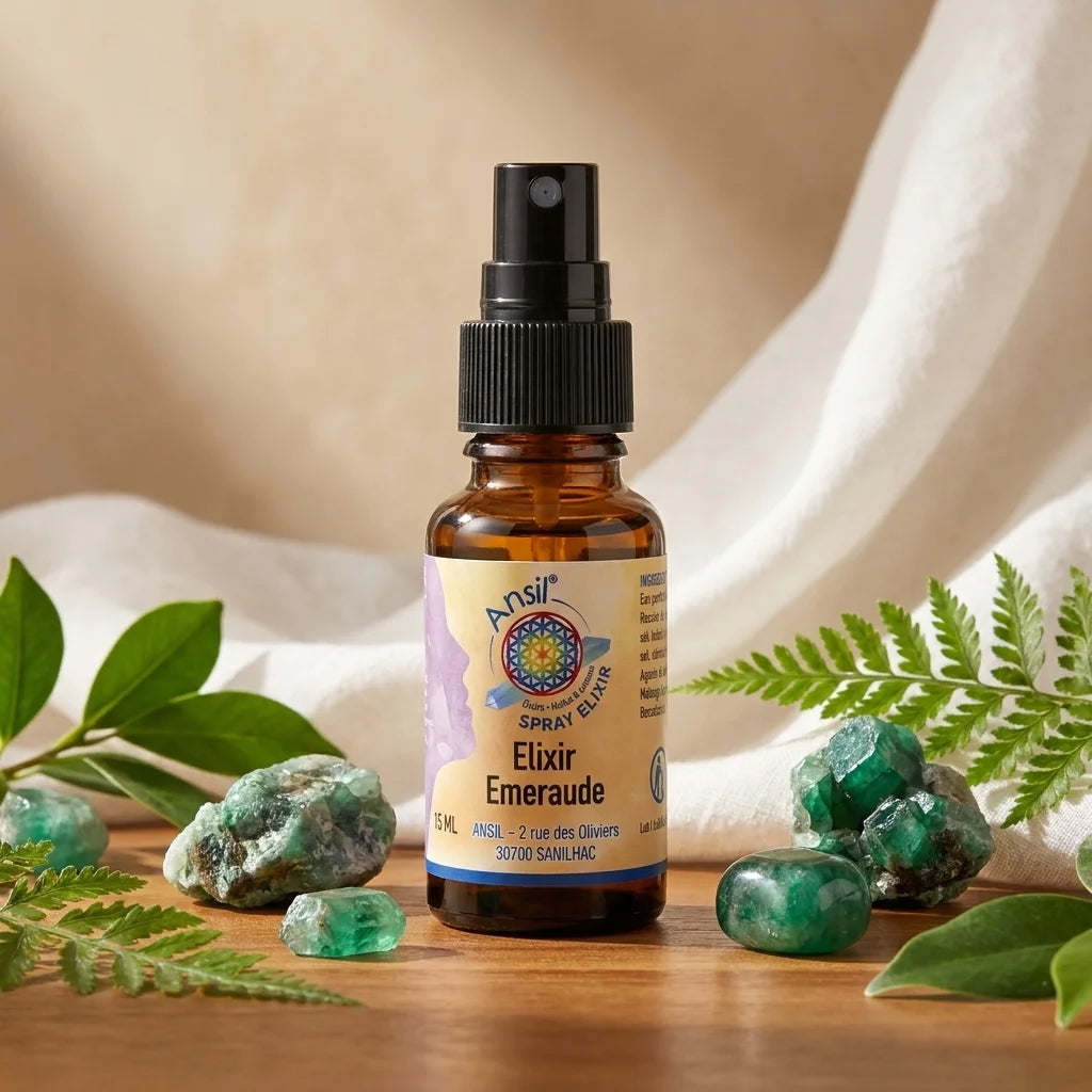 Elixir d'Emeraude spray en flacon ambré avec éléments verts naturels et cristaux pour ritual bien-être quotidien
