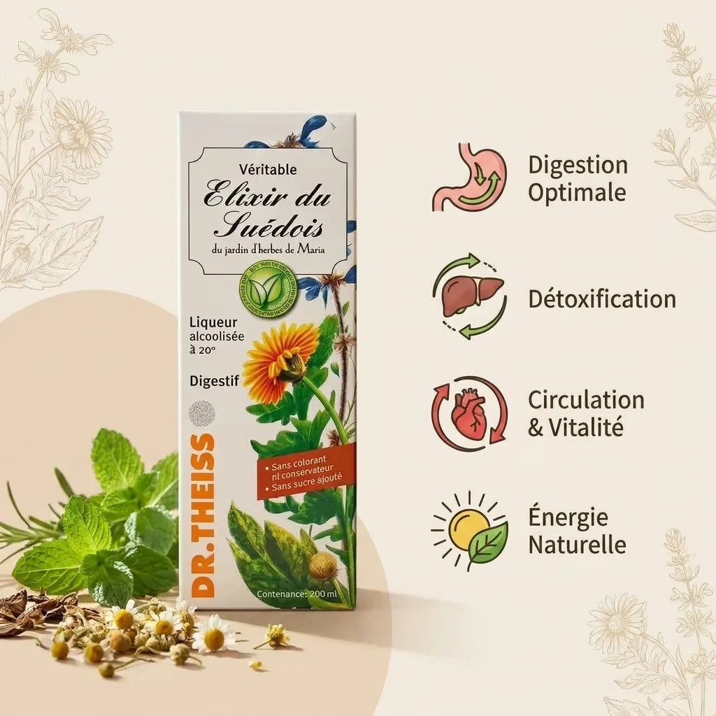 Elixir du Suédois 20° Dr Theiss avec bénéfices digestion, détoxification, circulation et énergie
