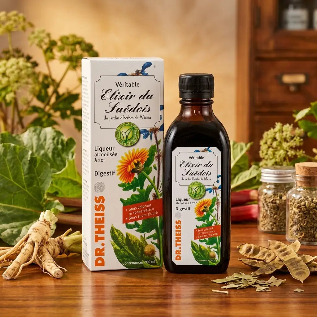 Elixir du Suédois 20° Dr Theiss avec herbes digestives sur table en bois, bien-être digestif