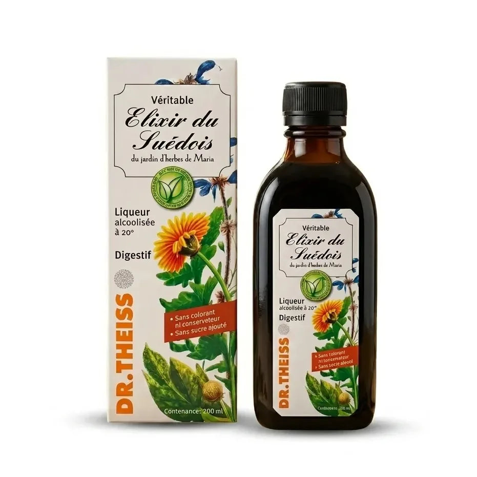 Elixir du Suédois 20° Dr Theiss - Bouteille et emballage produit sur fond blanc