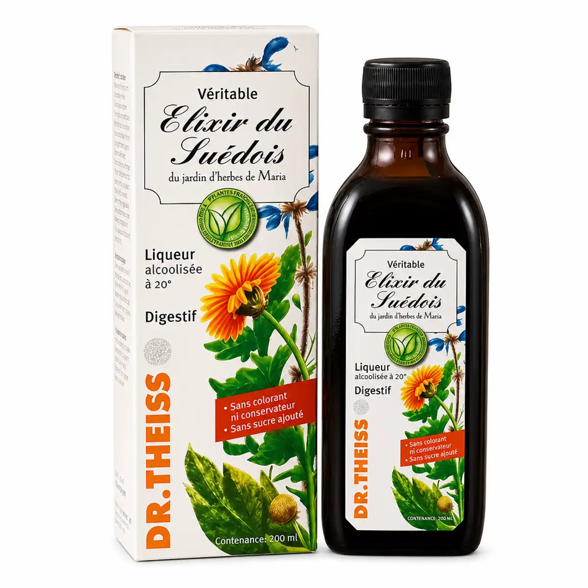 Bouteille et boîte Elixir du Suédois 20° Dr Theiss liqueur digestive