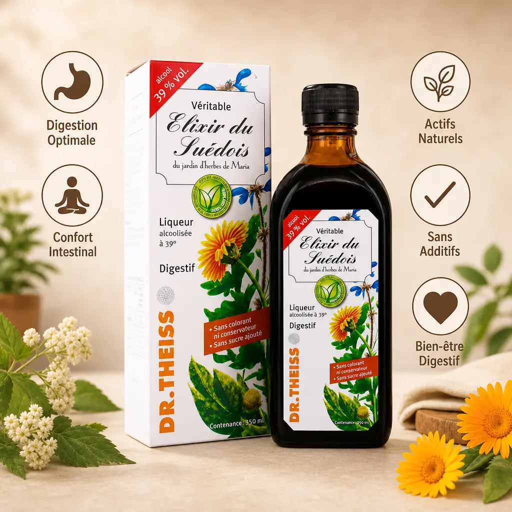 Elixir du Suédois 39° Dr Theiss avec icônes bénéfices digestion et bien-être intestinal