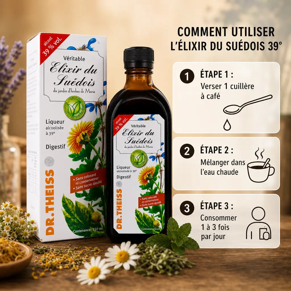 Elixir du Suédois 39° Dr Theiss avec mode d'emploi en 3 étapes et herbes médicinales