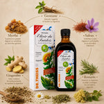 Elixir du Suédois 39° Dr Theiss avec ingrédients botaniques : gentiane, myrrhe, safran, gingembre et romarin