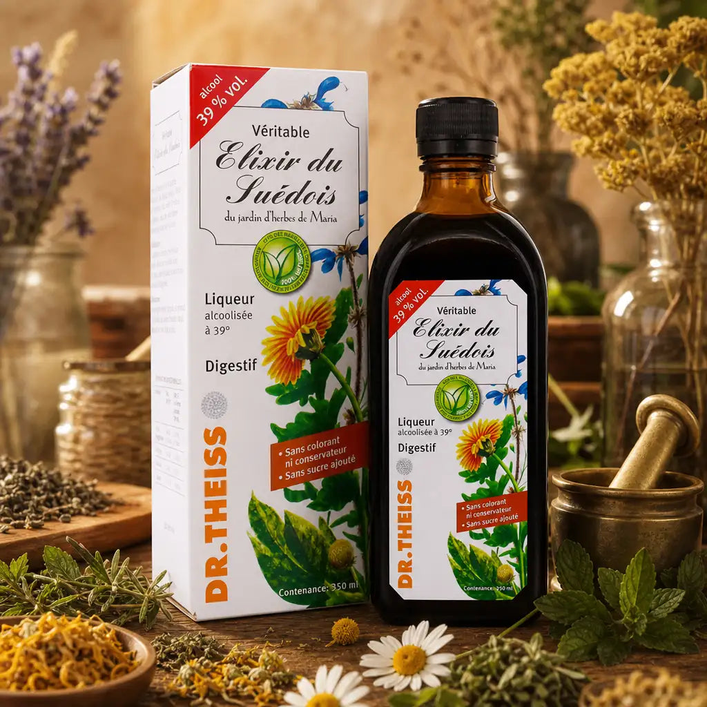 Bouteille Elixir du Suédois 39° Dr Theiss entourée d'herbes et fleurs séchées sur bois