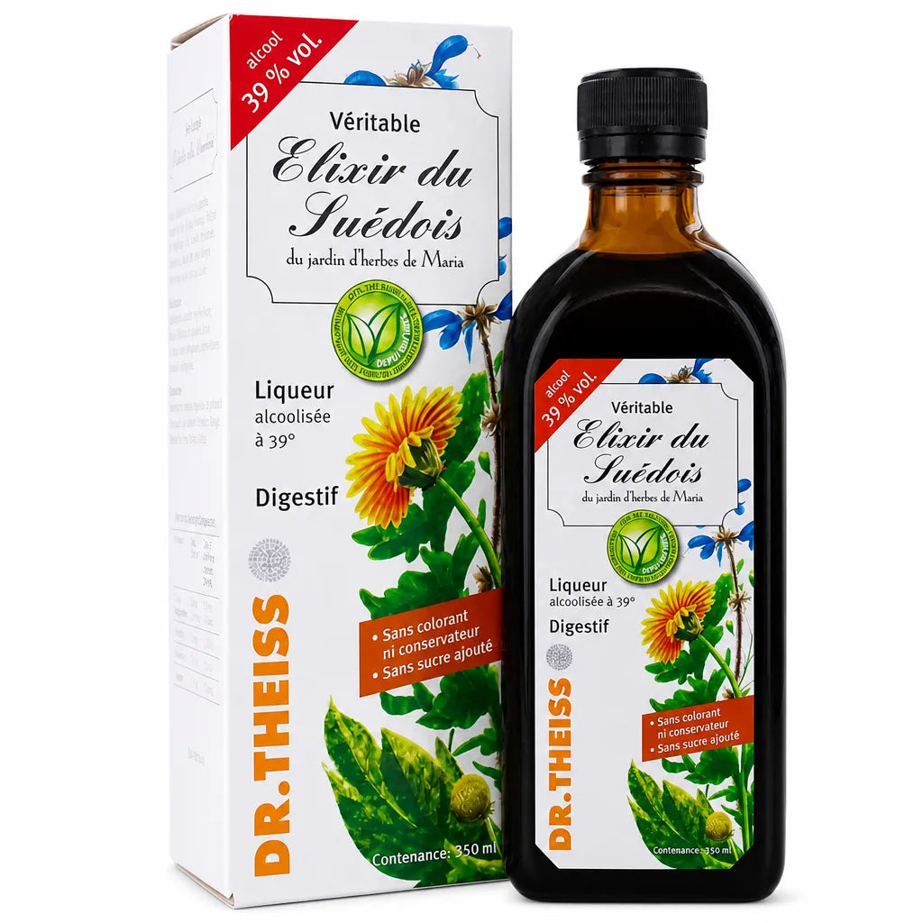 Elixir du Suédois 39° Dr Theiss - Bouteille et emballage original sur fond blanc