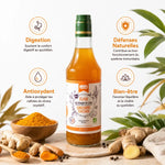 Élixir gingembre-curcuma bio avec infographie bénéfices : digestion, défenses, antioxydant