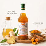Bouteille Elixir Gingembre-Curcuma bio avec ingrédients naturels et étiquettes en français
