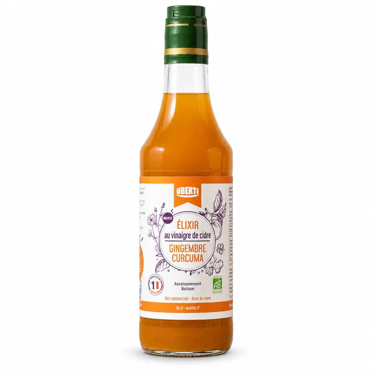 Bouteille Elixir Gingembre-Curcuma bio sur fond blanc, remède naturel aux épices