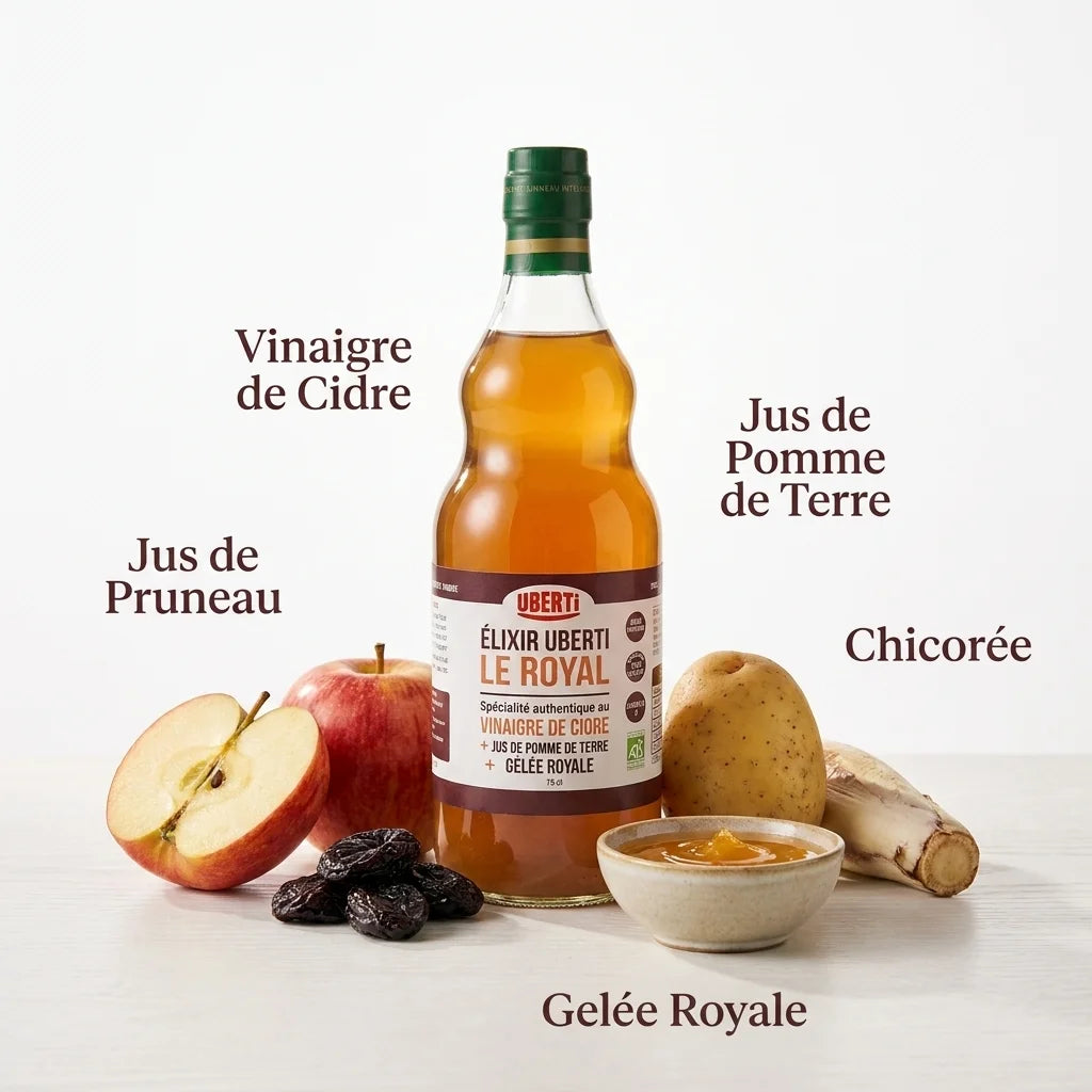 Elixir Le Royal bio avec ingrédients naturels: pomme, pruneau, gélatine royale et chicorée
