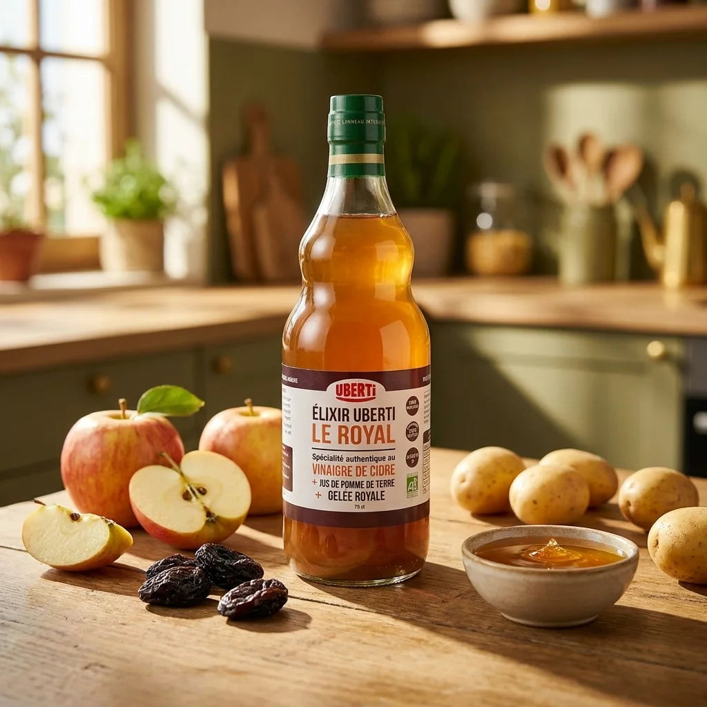 Bouteille Elixir Le Royal bio entourée d'ingrédients organiques sur plan de travail rustique