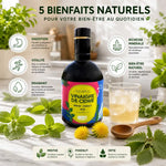 Élixir bio menthe pissenlit ortie en bouteille avec ses 5 bénéfices : digestion, vitalité, drainant, minéraux, bien-être