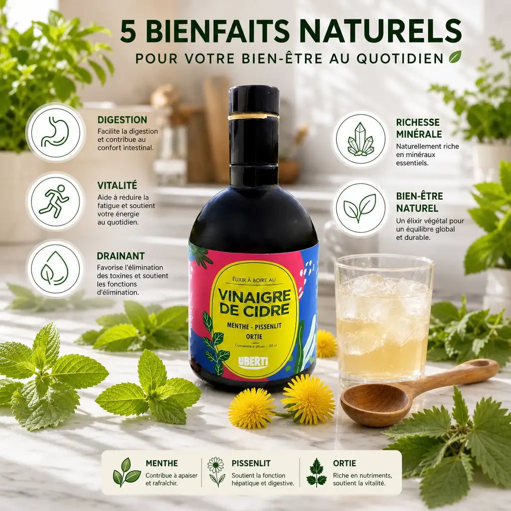 Élixir bio menthe pissenlit ortie en bouteille avec ses 5 bénéfices : digestion, vitalité, drainant, minéraux, bien-être