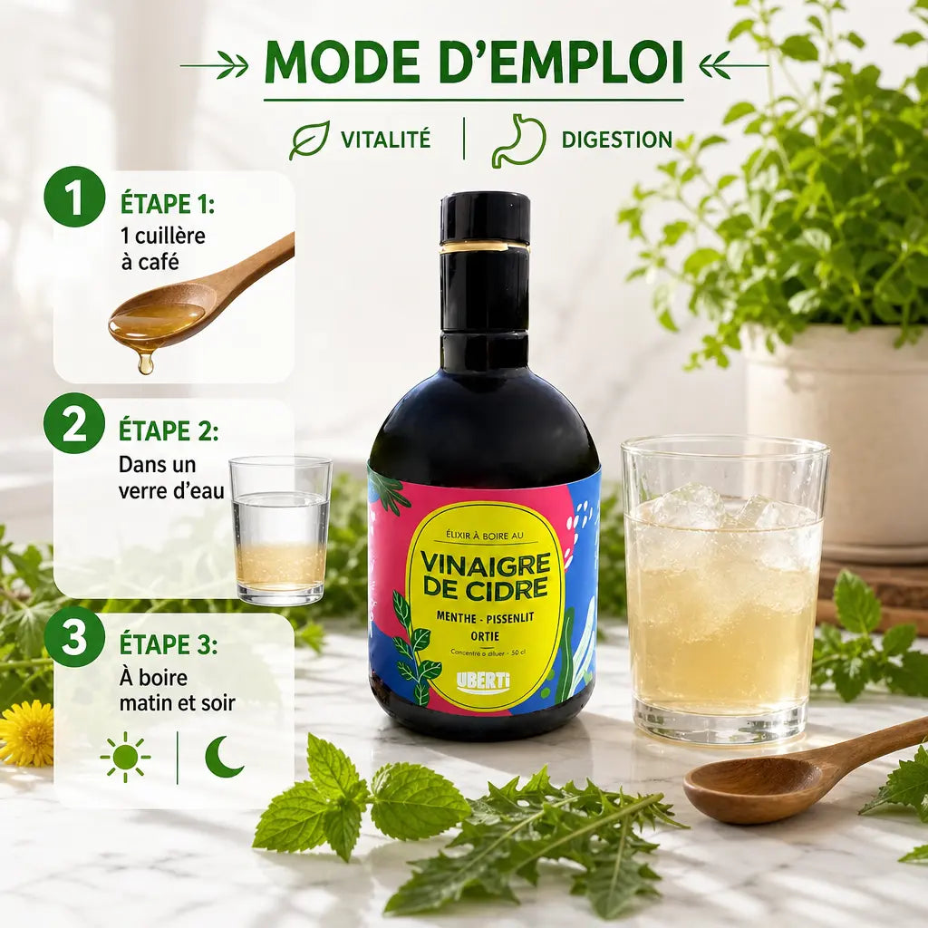Élixir bio menthe pissenlit ortie avec mode d'emploi, verre et herbes fraîches sur marbre