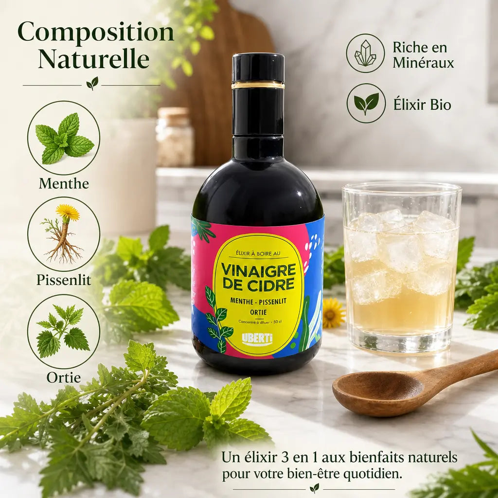 Élixir Bio Menthe Pissenlit Ortie - Bouteille avec ingrédients naturels et verre sur marbre