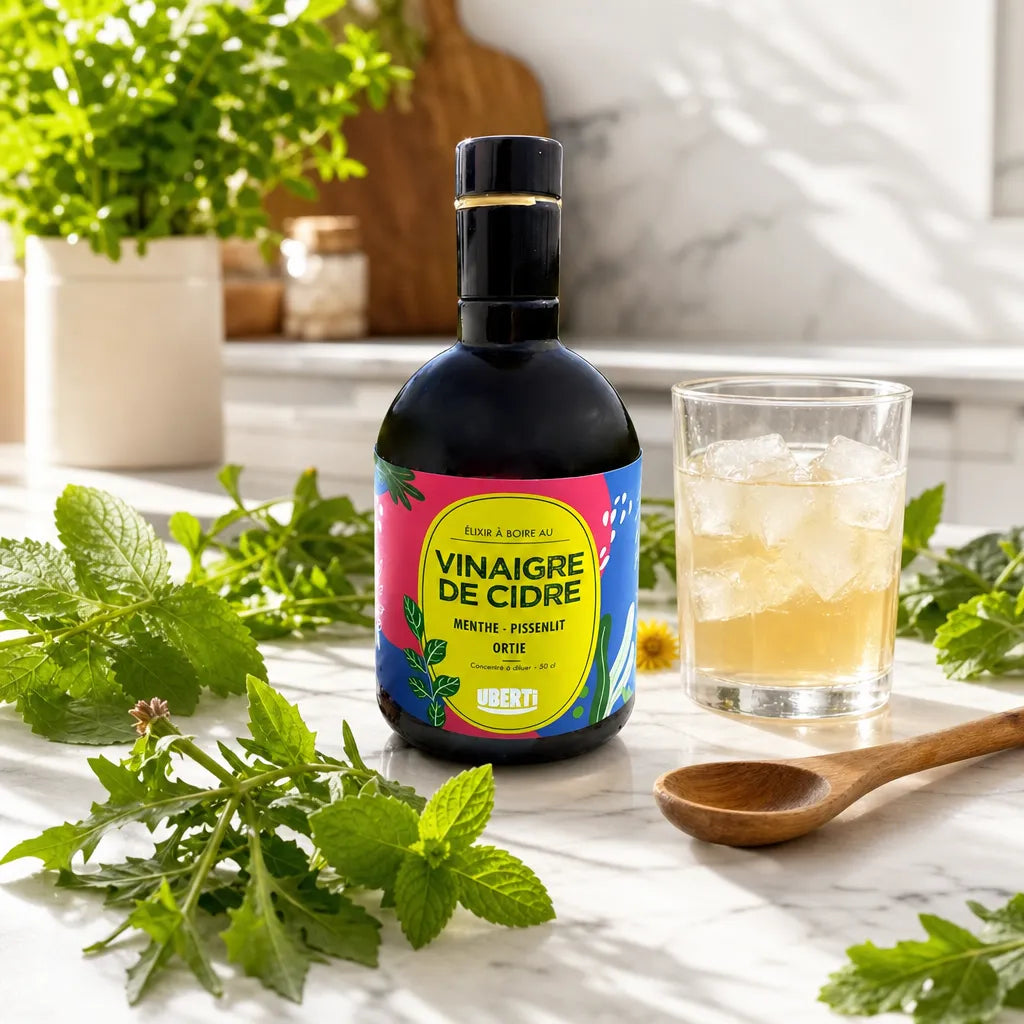 Élixir bio menthe pissenlit ortie en bouteille avec herbes fraîches et verre sur plan marbre