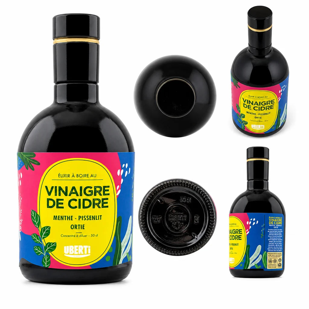 Bouteille Uberti élixir bio menthe pissenlit ortie sur fond blanc
