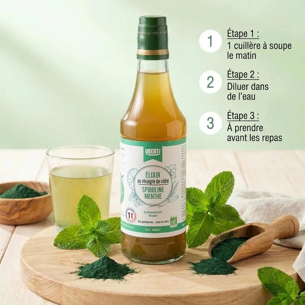 Elixir Menthe Spiruline bio 50cl Uberti avec guide d'utilisation et ingrédients naturels