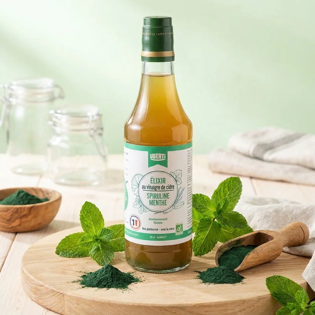 Elixir Menthe Spiruline bio Uberti 50cl avec feuilles de menthe fraîche et poudre spiruline