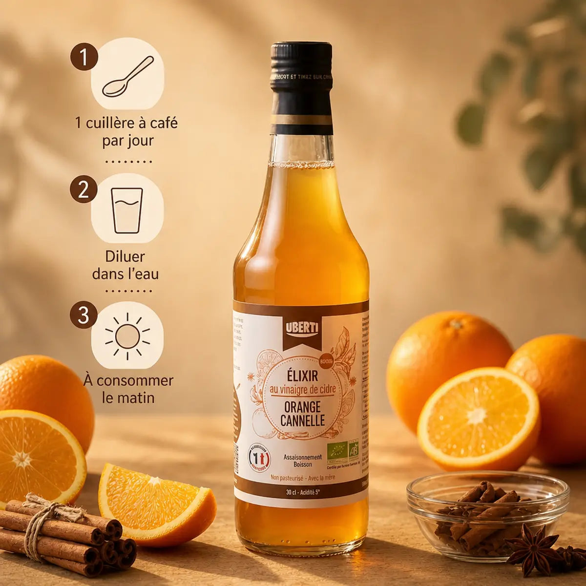 Élixir Orange-Cannelle bio : bouteille de vinaigre avec orange et cannelle, mode d'emploi