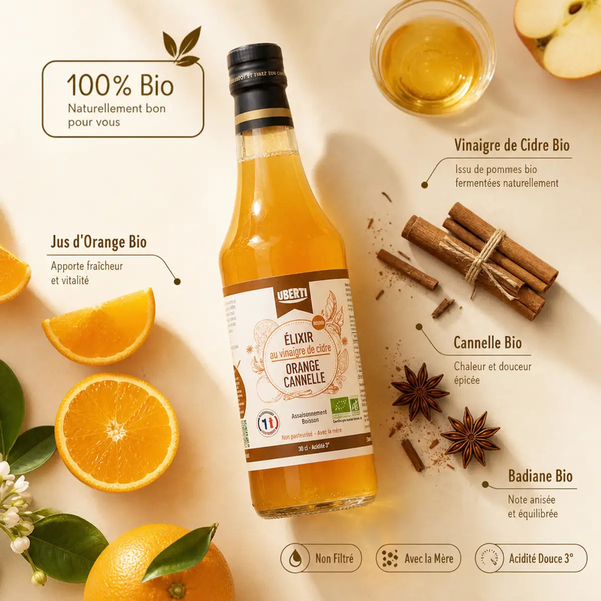 Élixir Orange-Cannelle bio avec ingrédients naturels et vinaigre de cidre non filtré