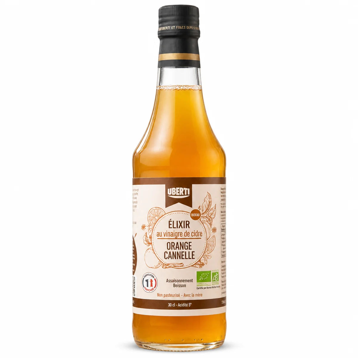 Bouteille Élixir Orange-Cannelle bio Uberti sur fond blanc, produit naturel