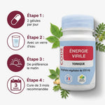 Bouteille Énergie Virile gélules vegan avec dosage 2 gélules par jour et cure 3 mois recommandée