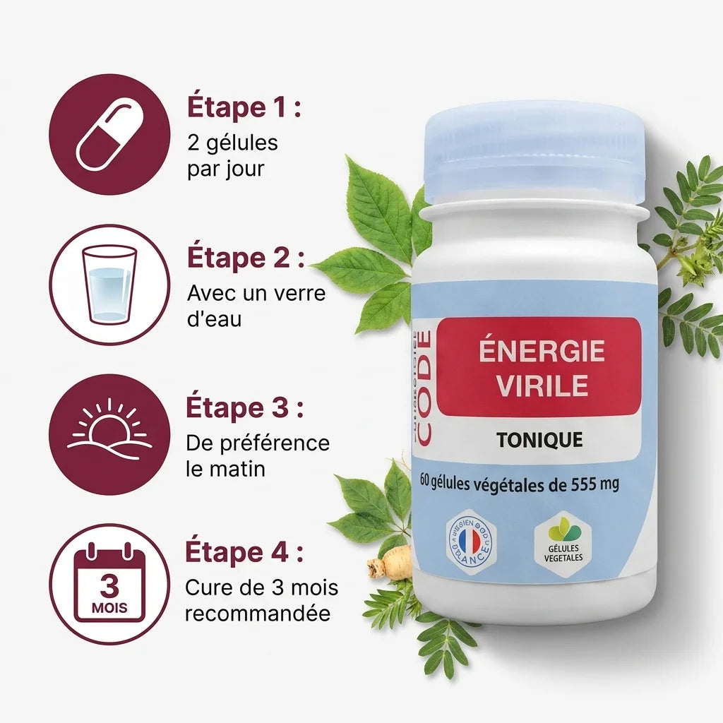 Bouteille Énergie Virile gélules vegan avec dosage 2 gélules par jour et cure 3 mois recommandée