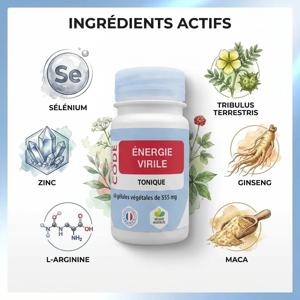 Flacon Énergie Virile vegan avec ingrédients actifs : Tribulus, Ginseng, Maca, L-Arginine, Zinc et Sélénium