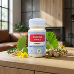 Complément Énergie Virile Vegan en gélules entouré de ginkgo, gingembre et fleurs jaunes