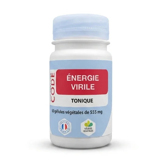 Flacon blanc de complément Énergie Virile Vegan 60 gélules 555mg avec bouchon bleu sur fond blanc