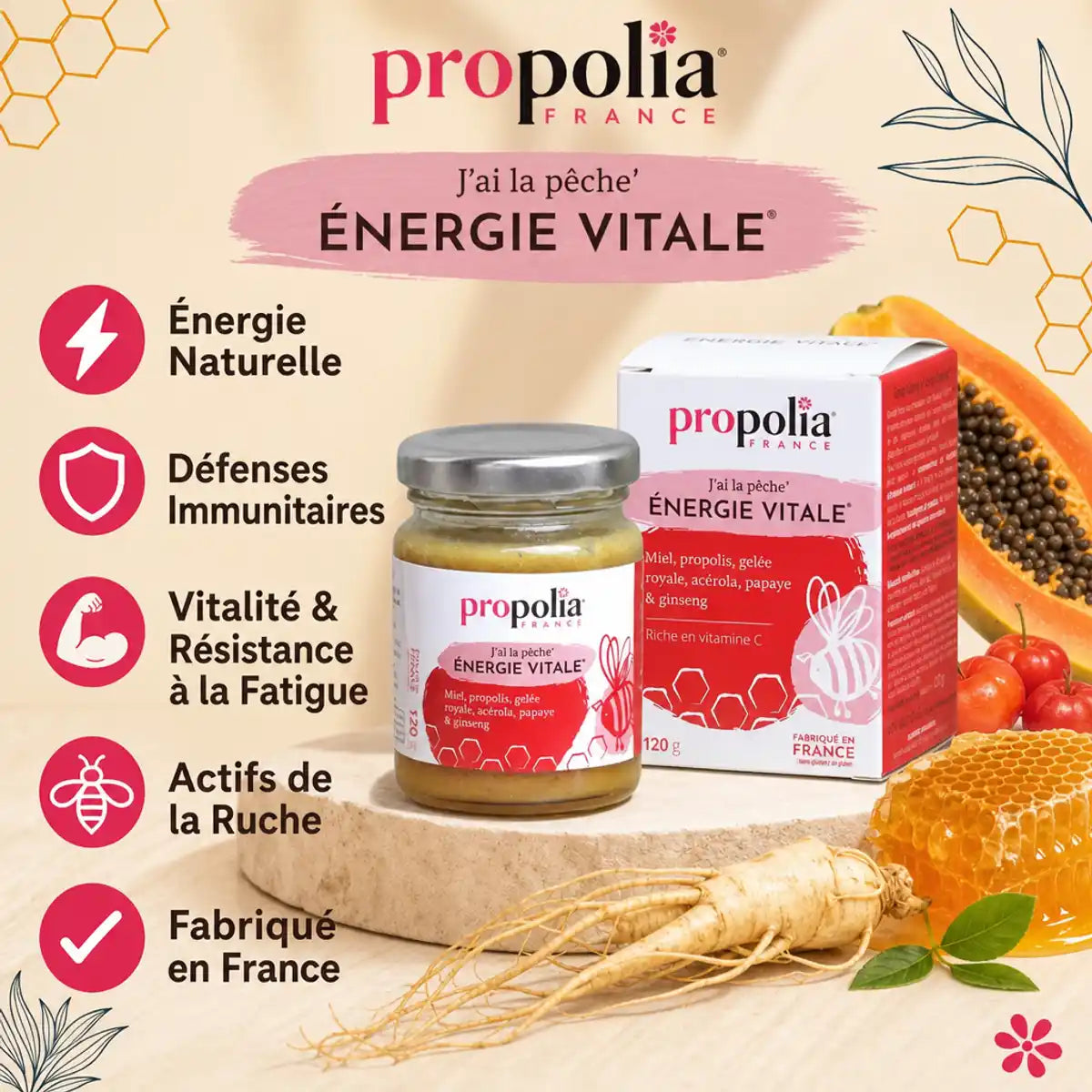 Propolia Énergie Vitale - pot avec packaging, actifs de ruche pour vitalité et défenses immunitaires
