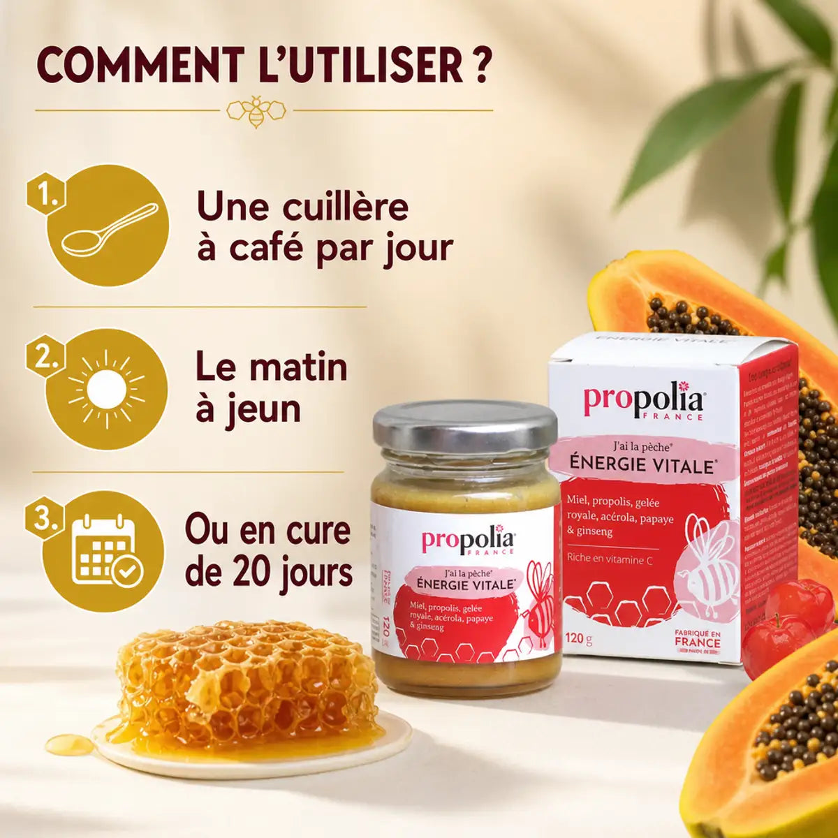 Propolia Energie Vitale en pot avec instructions posologie et éléments naturels papaye miel