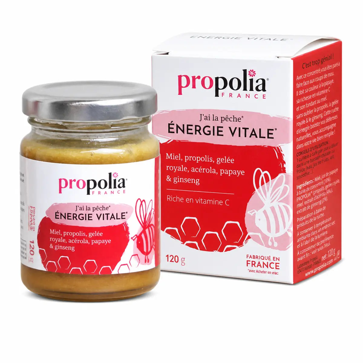 Propolia Energie Vitale en pot avec son emballage rouge et blanc, complément énergétique naturel